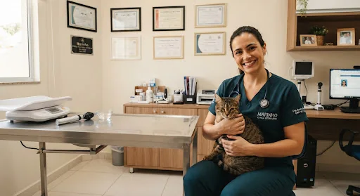 Veterinária acolhendo um gato na sala de atendimento