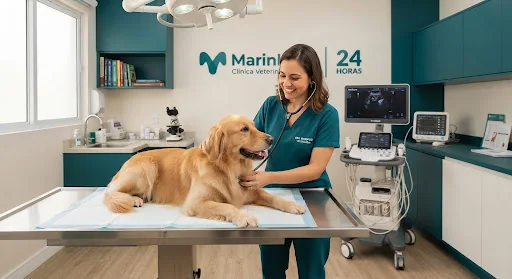 Médica veterinária atendendo um cão na clínica